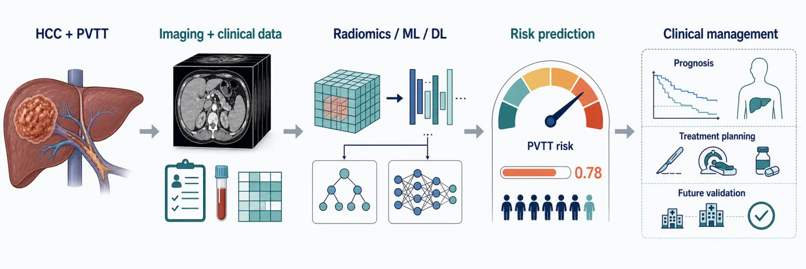 Graphical abstract of AI-assisted HCC with PVTT risk prediction using imaging, clinical data, radiomics, machine learning, and deep learning