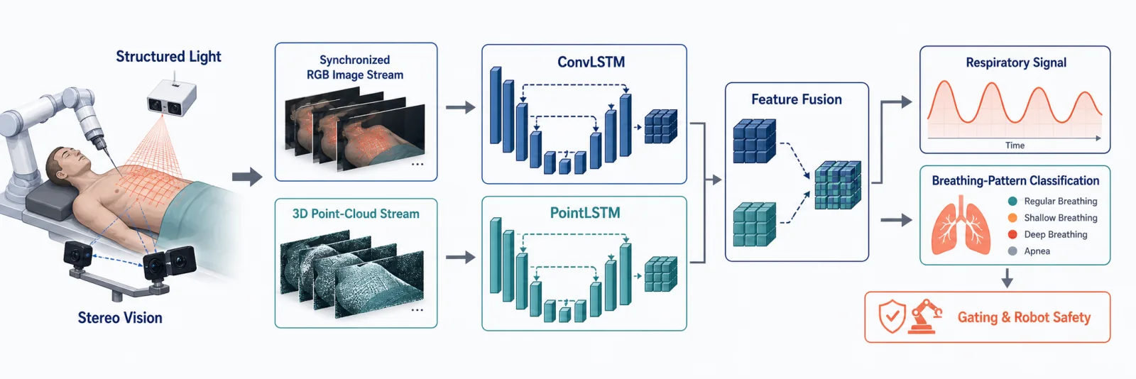 Graphical abstract of dual-pathway respiratory monitoring using structured-light stereo images, point clouds, ConvLSTM, and PointLSTM