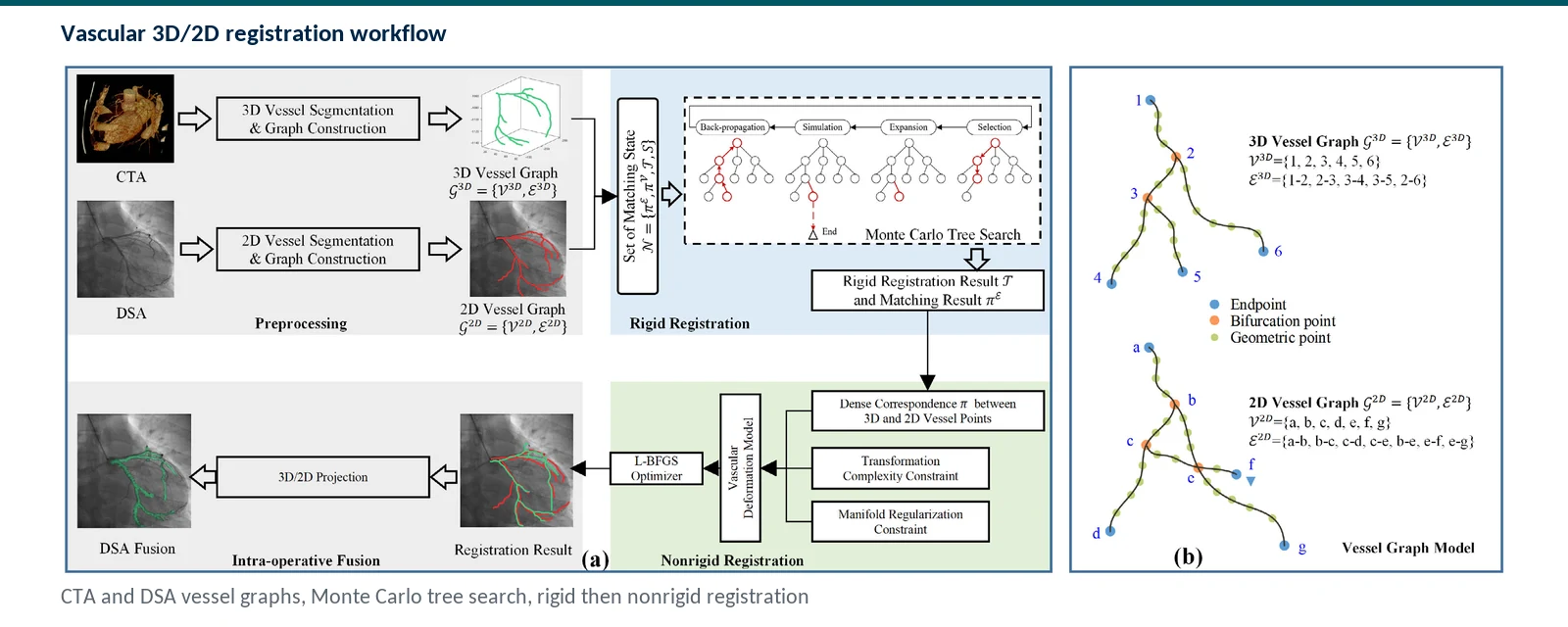 Graphical abstract of 3D and 2D vessel registration using Monte Carlo tree search for rigid alignment and manifold-regularized deformation